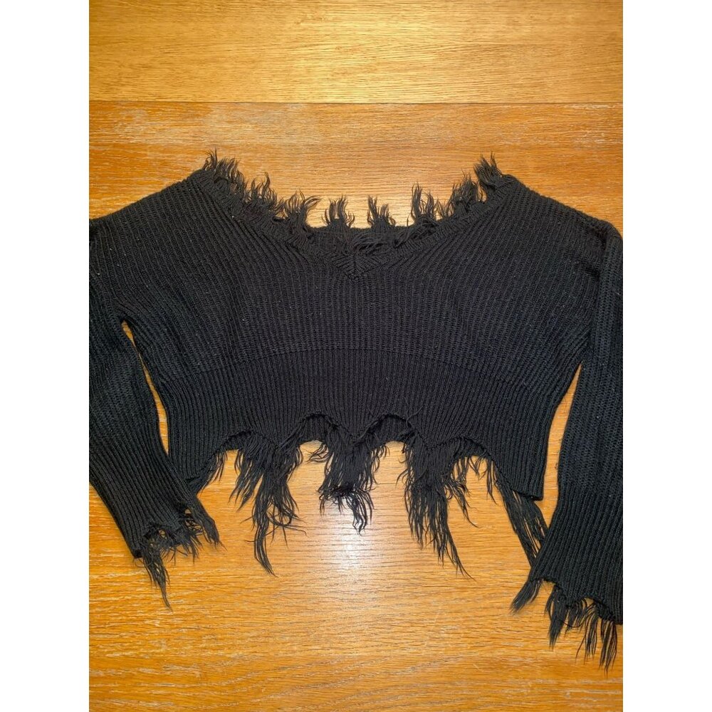 Distressed Black Ribbed Knit Crop Sweater With Frayed Hemline & Cuffs